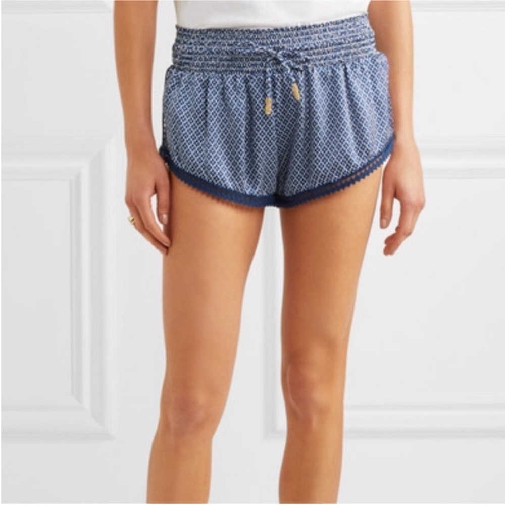 Blue Printed Smocked-Waist Athletic Shorts